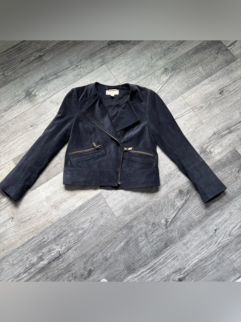 MICHAEL Michael Kors Navy Blue Suede Zip Moto Jacket